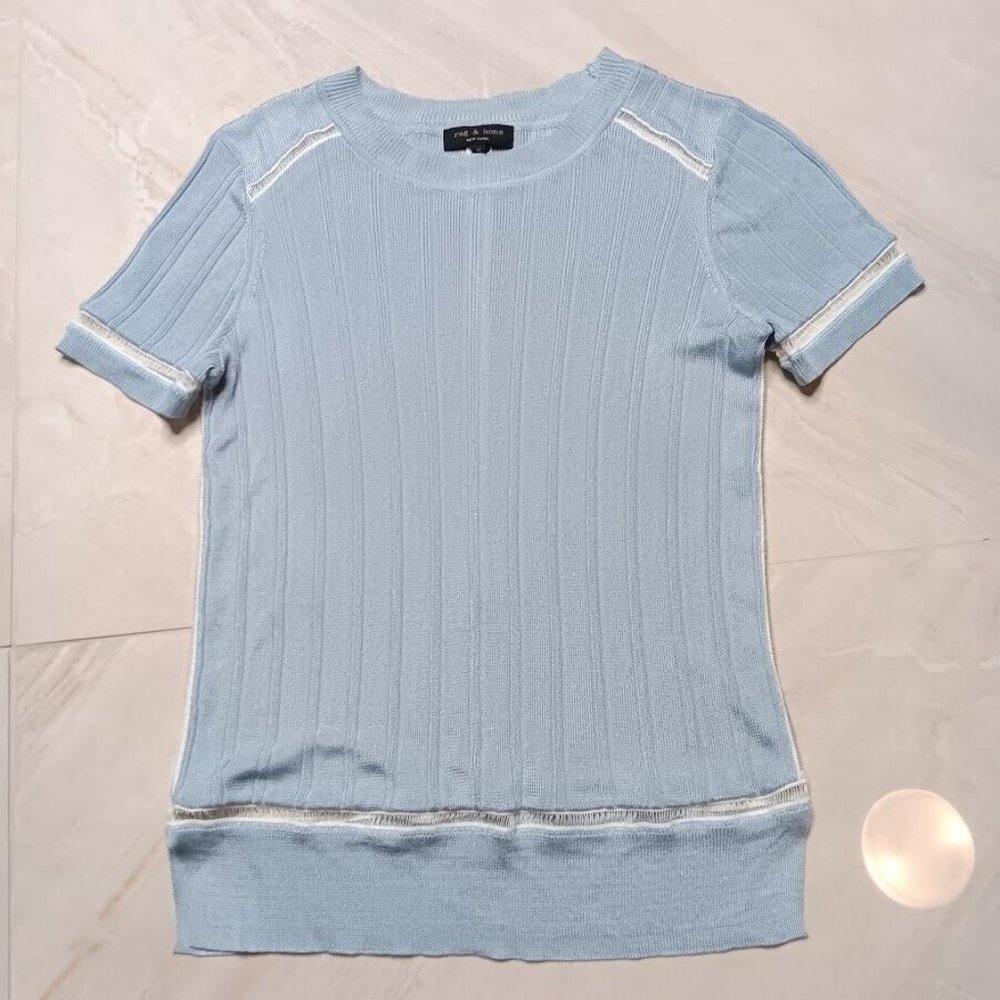 Rag & Bone Women's XS Top Light Blue Ribbed Striped crew Neck Woven Tee XS